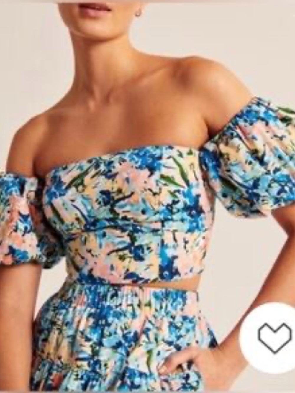 Abercrombie & Fitch Floral Off-Shoulder Puff Sleeve Crop Top - Blue, Pink, Cream